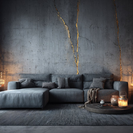 A contemporary interior showcases a large gray sectional sofa set against a textured concrete wall. The room features warm lighting, a round coffee table, and a soft rug. The space suggests a luxurious and relaxing atmosphere, suitable for lifestyle, design, or architectural projects.の素材