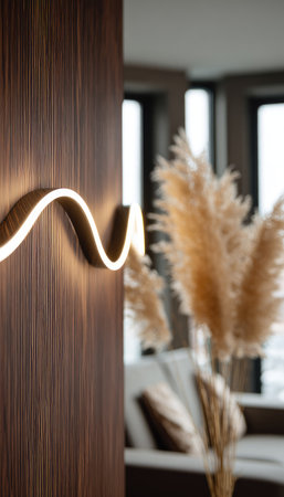 A modern wall fixture with flowing lines casts warm light against a dark wood panel. The composition focuses on texture and form, with depth created by soft focus. The overall style is minimalist and elegant, suitable for interior design projects and commercial applications.の素材