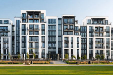 A series of modern apartment buildings, each with numerous windows and balconies, are presented with a bright, clean aesthetic. The composition displays a symmetrical arrangement of structures. The buildings have a white and dark grey color scheme. The scene is set outside under a clear blue sky, suitable for various architectural or real estate-related projects.の素材