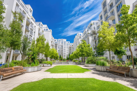 The image showcases modern residential buildings with a central green space and trees, set against a bright blue sky. The composition emphasizes symmetrical design, with benches inviting relaxation. The visual style suggests a sunny daytime environment. Suitable for a variety of commercial and editorial purposes.の素材