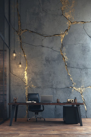 This image displays a modern office space featuring a desk with a laptop and chair against a textured wall. The composition utilizes a vertical orientation with warm overhead lighting. The color palette leans towards neutral tones, the overall style suggests a contemporary, possibly minimalist design, useful for diverse commercial purposes.の素材