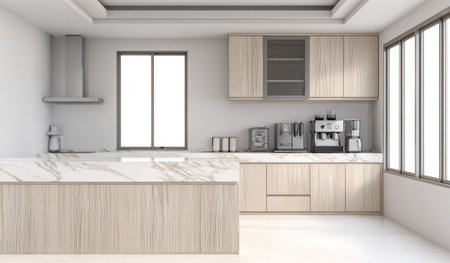 This image showcases a contemporary kitchen featuring light wood cabinetry and a marble countertop. The composition highlights a clean, minimalist aesthetic with soft natural lighting from large windows. Suitable for various uses including home design, lifestyle, and architectural illustration, the image evokes a sense of modern living.の素材