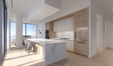 A bright, contemporary kitchen features an island with marble countertops, wooden cabinetry, and stainless steel appliances. The space is bathed in natural light from large windows. This image could be used for architectural visualization, interior design concepts, or lifestyle publications.の素材