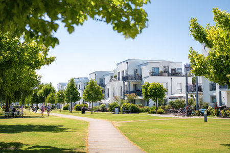 Residential buildings are featured with a manicured green space, walking path, and mature trees under a clear blue sky. The composition includes various building facades with balconies. The lighting appears natural, suggesting a bright day. The image could be suitable for architecture, real estate, or lifestyle-related content.の素材