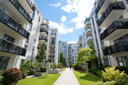 Exterior view of a modern apartment complex featuring white buildings with balconies. Green lawns and trees line a central pathway leading towards the buildings. The composition showcases a bright, sunny day with blue skies, offering a sense of spaciousness, designed for commercial and editorial use.の素材