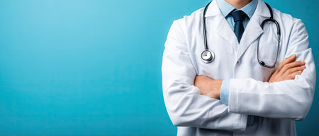 A medical professional is captured in a studio shot, arms crossed, wearing a white coat and stethoscope against a blue backdrop. The composition is clean and focused, highlighting professional attire. The image's simple aesthetic lends itself to various commercial and editorial uses within health, healthcare, and scientific fields.の素材