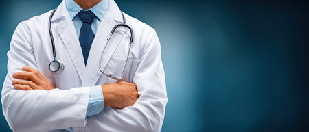 A doctor in a white coat and blue tie is seen with arms crossed, suggesting confidence. A stethoscope hangs around the neck, and a pair of glasses is held. The composition features a blurred blue background, suitable for healthcare, medical, or wellness themes in diverse applications.の素材