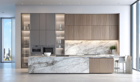 This image showcases a contemporary kitchen with an island and wooden cabinets. The interior is well-lit, featuring natural light, and a clean design. The scene suggests a modern home with commercial appeal. The design utilizes marble and wood textures, creating a stylish and appealing visual.の素材