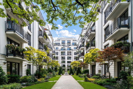 A well-maintained apartment complex is showcased with a central pathway, bordered by green lawns and various trees. The white buildings have balconies and decorative elements. The composition features natural lighting and a symmetrical design, conveying a sense of tranquility, suitable for architectural or lifestyle content.の素材
