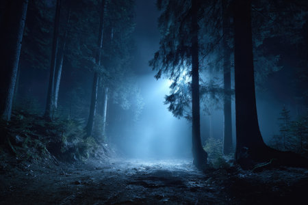 A dark forest path is illuminated by a mysterious blue light, creating a dramatic and atmospheric scene. Tall trees dominate the composition with textures of bark and foliage. The lighting and fog suggest a night setting. This image is suitable for various commercial and editorial applications, including illustrations.の素材