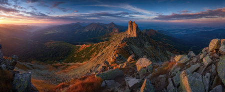 This image showcases a mountain range with a clear sky, illuminated by sunlight. The composition features rough rock formations in the foreground, leading to layered peaks in the mid-ground, and a backdrop of clouds and sky. The lighting suggests a sunrise or sunset, and the style is naturalistic, potentially suitable for commercial use.の素材