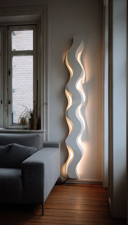 An eye-level shot presents a modern, wavy light fixture mounted on a white wall within a room. The fixture's illuminated, curved shape contrasts with the darker, neutral tones of the background. The interior setting includes a window and elements suggesting a residential space, suitable for various editorial and design applications.の素材