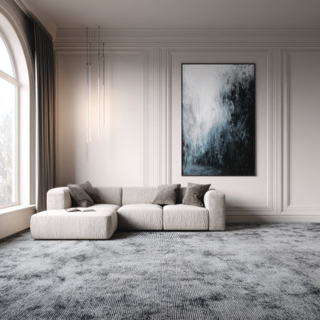 This image showcases a contemporary living room interior. The scene features a light-colored sectional sofa with throw pillows, set against a white wall. A large abstract artwork hangs above the sofa. The room is illuminated by natural light from a large window. This image could be used for home decor advertising or interior design publications.の素材