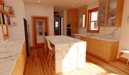 A modern kitchen is presented, featuring a marble-topped island as its focal point. The cabinetry is crafted from light-colored wood, complemented by the natural textures of the stone. The composition benefits from ambient lighting, creating a warm and inviting atmosphere, suitable for various commercial projects and editorial purposes.の素材