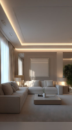 This image showcases a modern living room interior with a neutral color palette. Soft lighting illuminates the space, highlighting the textures of the furniture and walls. The composition emphasizes clean lines and a sense of spaciousness. Suitable for a variety of commercial and editorial applications focused on interior design.の素材