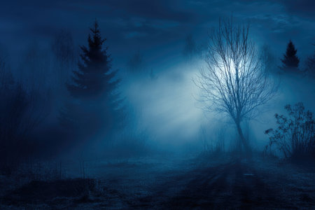 A moonlit forest scene is shrouded in a thick, ethereal fog. The image showcases silhouetted trees against a backdrop of hazy moonlight. The dominant colors are shades of blue, creating a mystical atmosphere. Suitable for illustrating concepts related to nature, mystery, or fantasy themes and can be used in various commercial and editorial applications.の素材