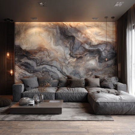 This image showcases a contemporary living room featuring a large sectional sofa and a striking decorative wall. The room is designed with a neutral color palette and warm lighting creating a cozy atmosphere. This scene is suitable for illustrating residential design, home decor, or lifestyle content.の素材