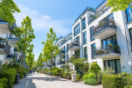 The image displays modern residential buildings with balconies and green trees along a street. The scene features bright sunlight and clear skies. The architecture and natural elements could be used in visual projects related to urban development or real estate marketing. The buildings are painted in white color.の素材