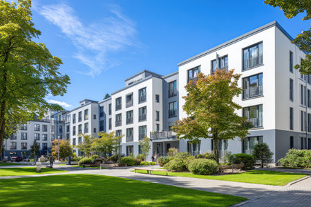 A contemporary apartment complex features a bright exterior under a clear, blue sky. Lush green lawns and mature trees surround the building, enhancing its aesthetic appeal. The composition utilizes natural light to highlight the architecture, suitable for various commercial applications, conveying a sense of modern living.の素材