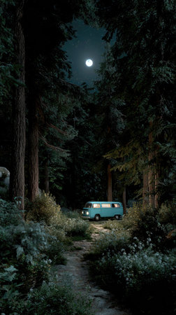 A teal-colored van is parked on a path winding through a dense forest at night. Tall trees frame the view, illuminated by a full moon high in the sky. The composition features a moody, low-light aesthetic with soft textures and natural elements. This image is suitable for various editorial and commercial uses.の素材
