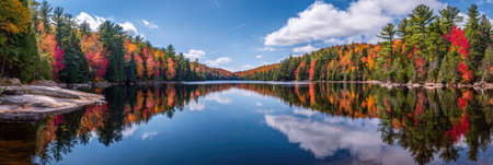 A panoramic landscape showcases a serene lake reflecting colorful trees under a bright blue sky. The vivid hues of red, orange, and yellow create a dynamic visual experience. The natural scene suggests a peaceful outdoor environment, potentially suitable for various commercial and editorial purposes.の素材