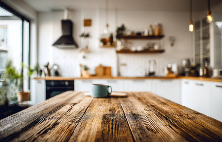 A close-up view reveals a weathered wooden table in the foreground, leading to a blurred interior. The kitchen features white cabinets, cooking appliances, and decorative shelves. Natural light bathes the scene, hinting at a bright day. Suitable for visual content related to design, food, or lifestyle.の素材