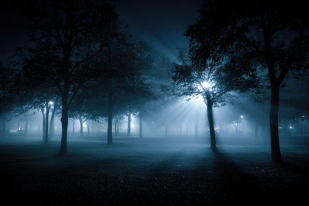 A nocturnal scene showcases silhouetted trees enveloped in a thick layer of fog. Soft lighting illuminates the scene, creating a moody atmosphere. The image utilizes a dark color palette, with hints of light filtering through the mist. This image could be suitable for various editorial and commercial applications.の素材
