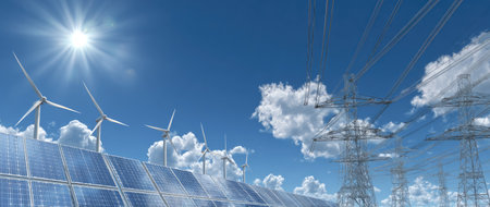 A vibrant scene showcasing diverse energy sources under a bright sunlit sky. Wind turbines stand tall alongside solar panels, complemented by fluffy clouds. The composition creates a sense of daytime energy and sustainability. Suitable for illustrating environmental themes or promoting eco-friendly concepts.の素材