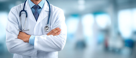 A doctor in a white coat and stethoscope is the central subject. The image presents a medical professional with crossed arms. The composition uses a shallow depth of field, with the doctor in sharp focus. The backdrop is blurred, suggesting a hospital or clinic setting. Suitable for healthcare, medical, and wellness publications.の素材