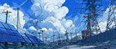 An artistic depiction features solar panels and wind turbines set against a bright blue sky with puffy white clouds. The scene suggests a focus on sustainable energy. The composition uses cool colors and an illustrative style, potentially for eco-friendly themes, environmental campaigns, or energy-related publications.の素材