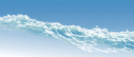 An abstract depiction of a breaking ocean wave is shown against a clear blue sky. The wave appears to be composed of foamy water with white and turquoise shades. The image features a gradient from clear blue to white in the upper part. It is suitable for use in design, advertising, or as a background.の素材