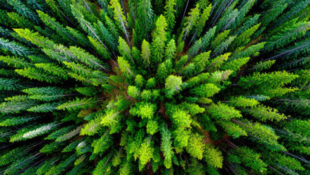 An aerial perspective displays a dense forest of evergreen trees, showcasing a variety of green hues. The composition, captured with overhead lighting, reveals textures and patterns within the foliage. This imagery might be suitable for ecological studies, environmental campaigns, or general nature-themed projects.の素材