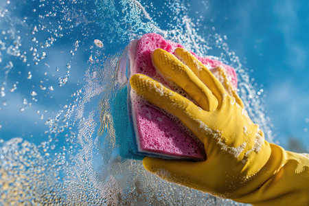 A person wearing yellow gloves is cleaning a window with a pink and blue sponge. The image features water droplets and a clear blue sky in the background. This composition emphasizes cleaning activities, with potential use in various commercial projects and illustrations.の素材