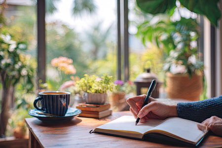 A person is writing in a notebook on a wooden table. A cup of coffee sits beside the notebook, with a window and plants visible in the background. Natural light illuminates the scene. This image could be used for projects about journaling, creativity, or lifestyle, and possibly for editorial content.の素材