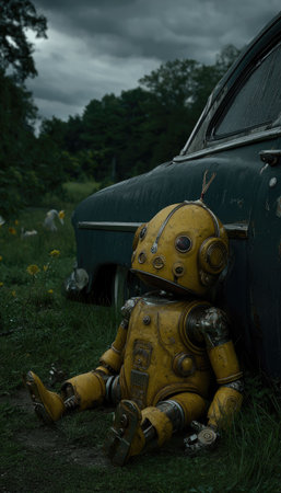 A vintage yellow robot sits next to an aged automobile in a natural setting. The image showcases a moody, overcast sky and dark green foliage, suggesting a remote outdoor locale. The scene evokes a sense of nostalgia and could be suitable for editorial and commercial projects related to technology and design.の素材