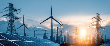 An environmental landscape shows solar panels, wind turbines, and power lines. The scene includes a cityscape, set against a beautiful sunset sky. The composition includes a wide view, emphasizing the themes of renewable energy and sustainable resources. Suitable for commercial applications.の素材