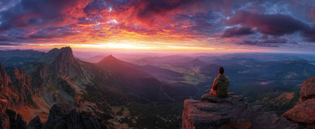 A person sits on a mountaintop, gazing at a vibrant sunrise. The sky is filled with orange, pink, and purple hues, contrasted by dark mountain silhouettes. The image displays a panoramic composition with soft lighting. This scene could be used for projects related to travel, adventure, or contemplation.の素材