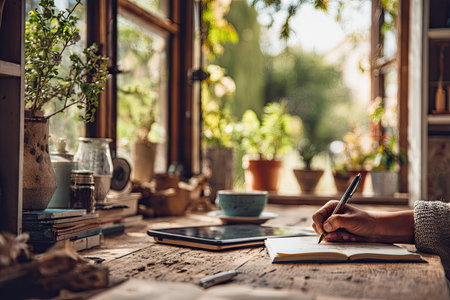 A person writes with a pen on paper at a wooden desk by a window. The scene includes plants, books, and a tablet. The warm lighting creates a peaceful indoor atmosphere. This image suits various commercial and editorial needs, such as articles and marketing materials.の素材