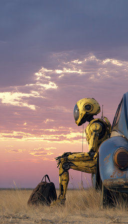 A robotic figure rests against an old automobile, set against a vibrant, multicolored sunset. The scene showcases metallic textures and muted tones. The composition suggests an outdoor environment during dusk. Suitable for conceptual visuals in advertising, illustration, and various editorial projects.の素材
