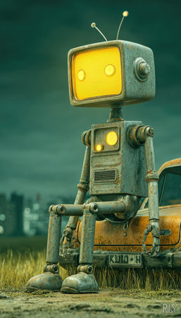 A retro-styled robot with a television-like head sits outdoors. The robot, constructed with metallic elements, has a yellow illuminated screen. The composition features a combination of muted blues and yellows. The scene suggests an outdoor setting, maybe at dusk, with a potentially dramatic sky. This image could be used for various creative or editorial purposes.の素材