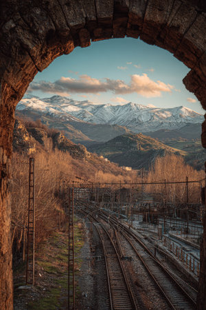 An arched stone structure frames a view of railway tracks winding into a distant mountainous landscape. The image showcases a combination of earthy and cool tones, creating a visually appealing contrast. The shot features lines, textures, and atmospheric perspective. Ideal for various commercial and editorial uses.の素材