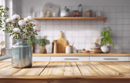 An indoor kitchen scene depicts a wooden table in the foreground. A vase of white flowers stands on the table. Soft lighting illuminates the scene, highlighting the textures of wood and the flowers. The composition suggests a warm, inviting atmosphere suitable for editorial and commercial applications.の素材