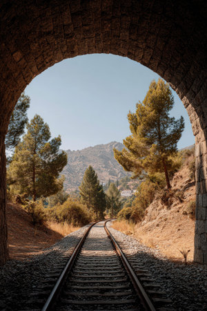 A railway track curves into the distance under a stone arch, framed by an opening. The scene is filled with warm sunlight, highlighting the textures of the stone and the tracks. The composition evokes a sense of journey. Suitable for transportation, travel, or scenic themes in various commercial applications.の素材