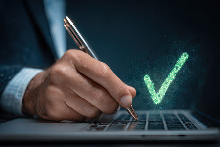 A person's hand holds a pen above a laptop keyboard, accompanied by a digitally rendered green check mark. The scene features a dark background with subtle lighting. The image emphasizes completion, and success. It can be useful for illustrating concepts related to tasks, verification, or digital processes.の素材