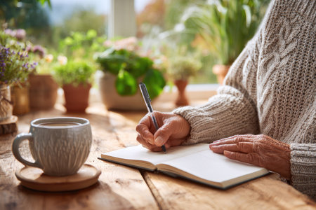 A person's hands holding a pen, writing in a notebook on a wooden table. A ceramic mug with coffee sits beside the notebook. The scene includes plants and soft sunlight, creating a calm and comfortable environment. This image could be used for articles on lifestyle or creative writing.の素材