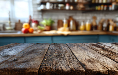 A weathered wooden table occupies the foreground, its rough texture and details capturing the eye. The background features a blurred kitchen scene with visible countertops and shelves. The composition utilizes warm lighting to enhance the inviting atmosphere. Suitable for commercial use, it could display food, beverages, or other products.の素材