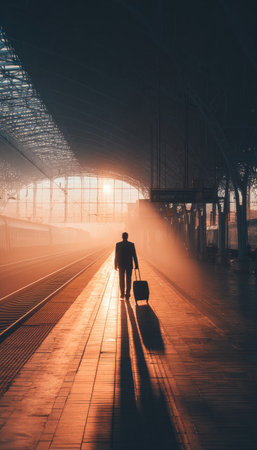 A silhouetted figure, carrying a suitcase, strides along a platform illuminated by a warm, diffused light. The composition focuses on a lone traveler, with visible textures of the platform and architectural elements. The scene suggests travel or departure, potentially suitable for editorial and commercial projects. The lighting emphasizes the subject, creating a sense of journey.の素材
