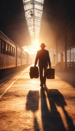 A silhouetted person walks along a train platform, illuminated by warm sunlight. The image showcases a vintage style with strong contrast, long shadows, and a dynamic perspective. The scene suggests travel or transit, evoking feelings of anticipation and journey. Suitable for use in various editorial or commercial applications.の素材