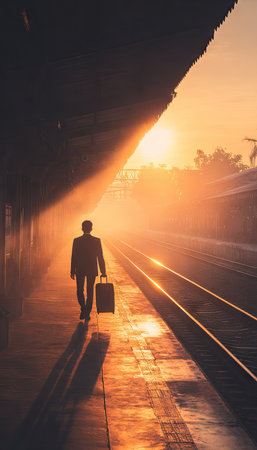 A person is silhouetted against a vibrant sunset as they walk along a train platform, carrying luggage. The image exhibits a warm color palette with strong backlighting and a sense of depth. The composition suggests travel or departure, suitable for commercial or editorial use.の素材