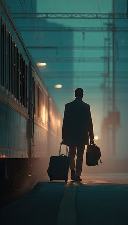 A silhouetted figure walks with luggage beside a train car. The image presents a somber atmosphere with dim, cool tones. The composition features backlighting that creates a sense of mystery. This could be used for storytelling, travel or concepts involving journey and transition.の素材